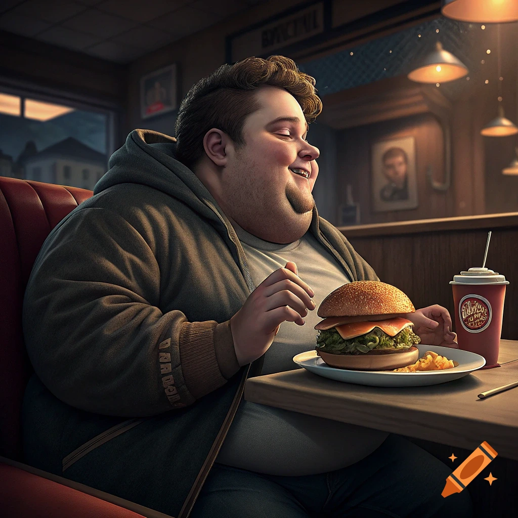An overweight person happily eating a large burger and drink in a restaurant booth