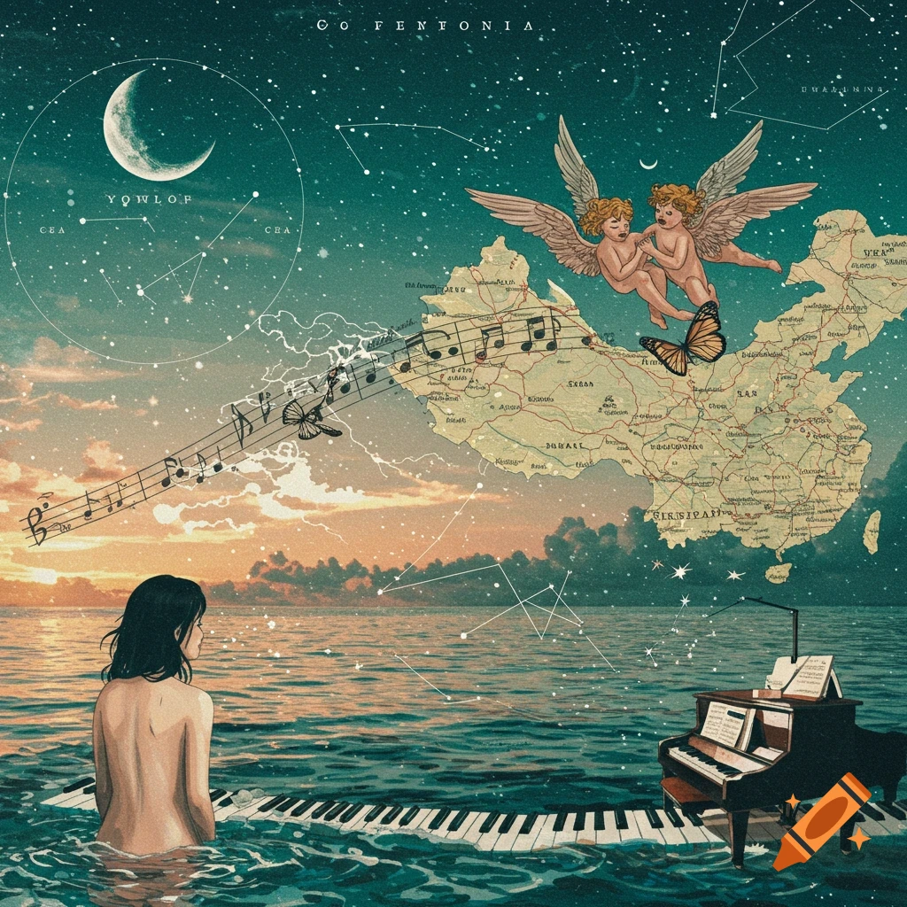 A woman wading in the ocean with a piano, music notes floating, surrounded by angels, moon, constellations, butterflies, and a map.