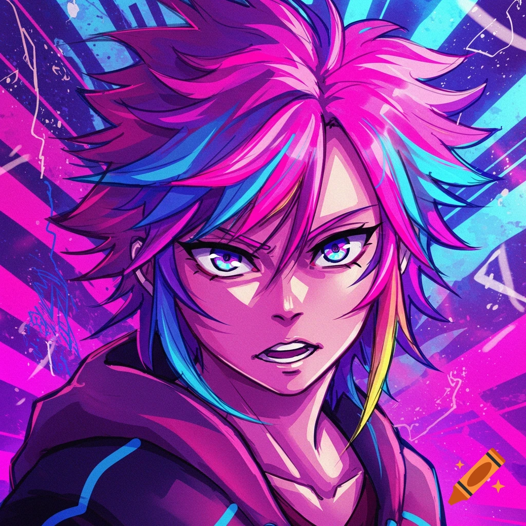 Anime style portrait of a character with multi-colored spiky hair against a neon background.