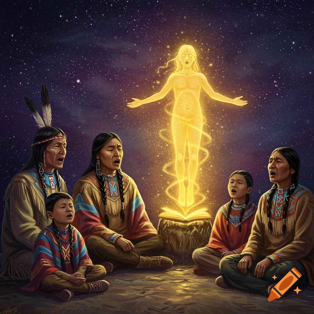 Indigenous people sing around a glowing figure rising from a book under a starry sky, digital art.