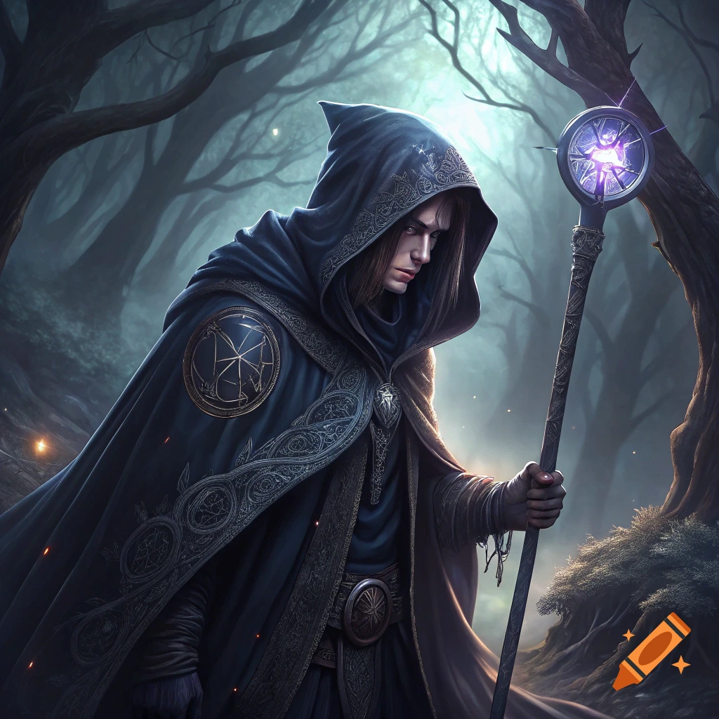 A hooded dark mage stands in a mysterious fantasy forest, holding a glowing staff.