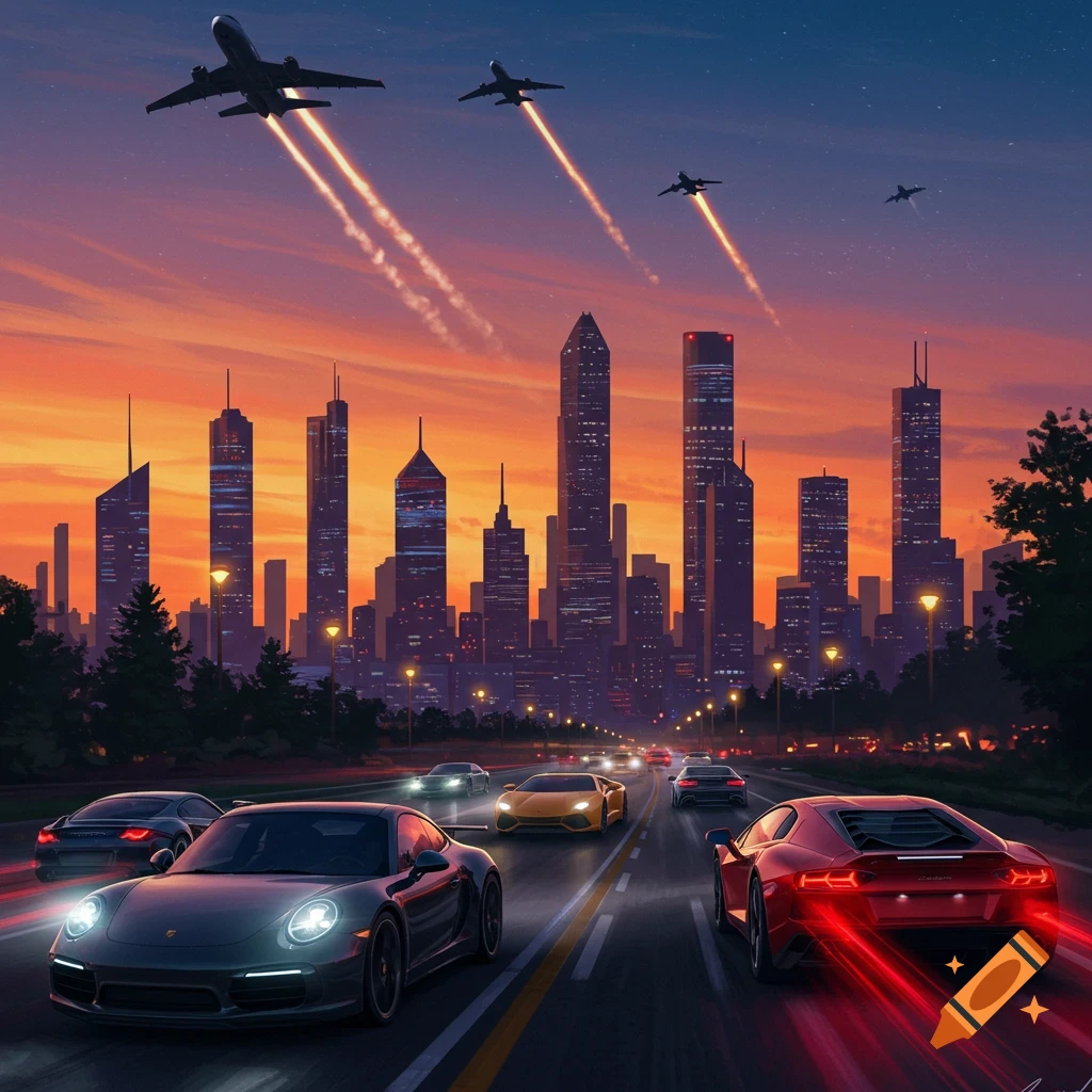 Sports cars drive on a road toward a city skyline with planes flying above at sunset. Digital art.