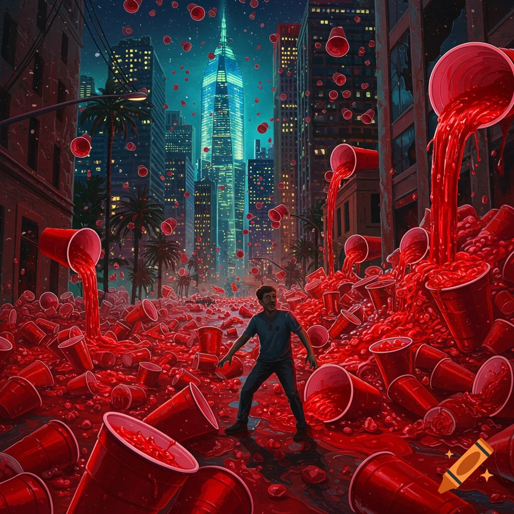 A surreal image of a man standing in a city street flooded with red cups and liquid flowing from buildings.