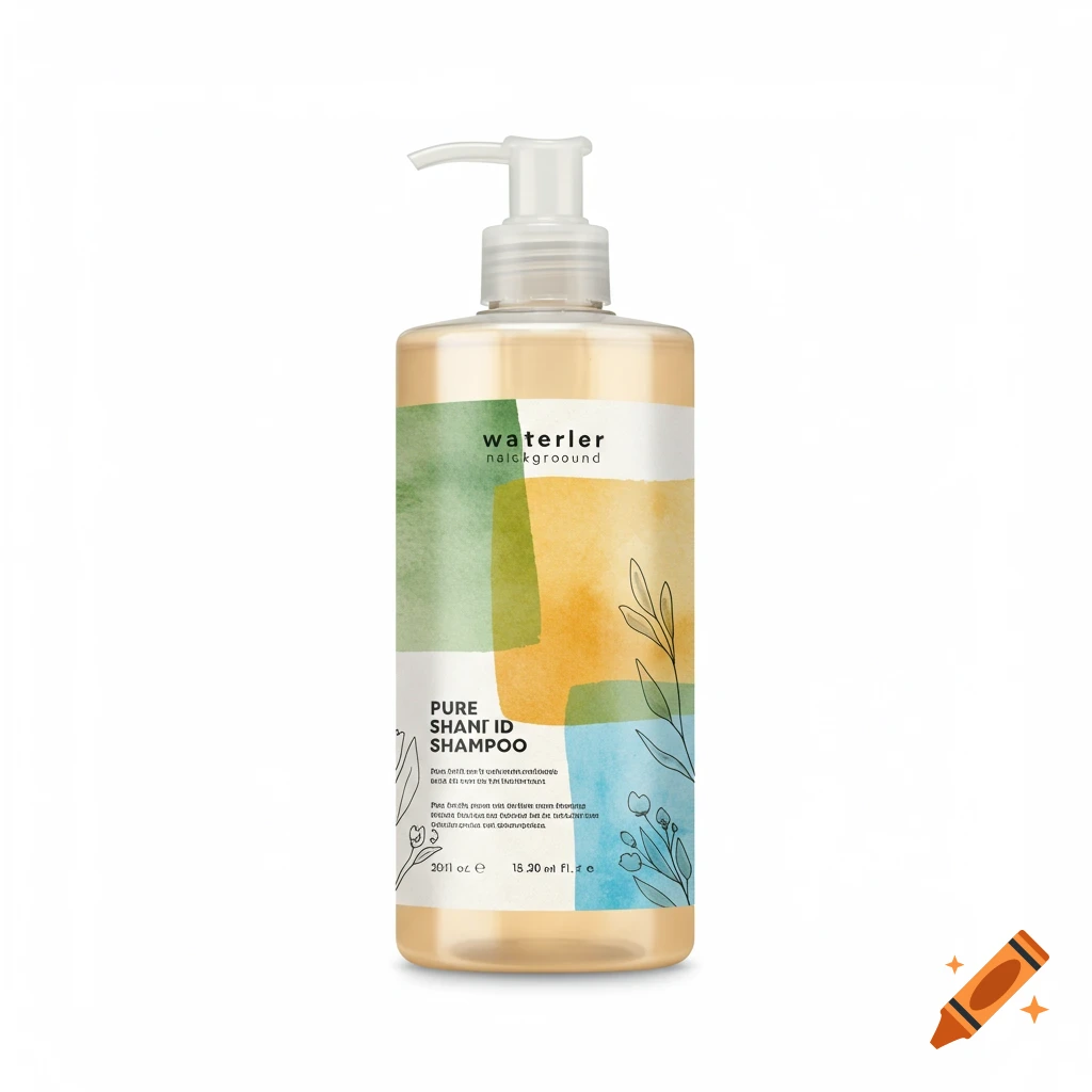 Shampoo pump bottle with a label featuring organic color blocking and a light watercolor background.