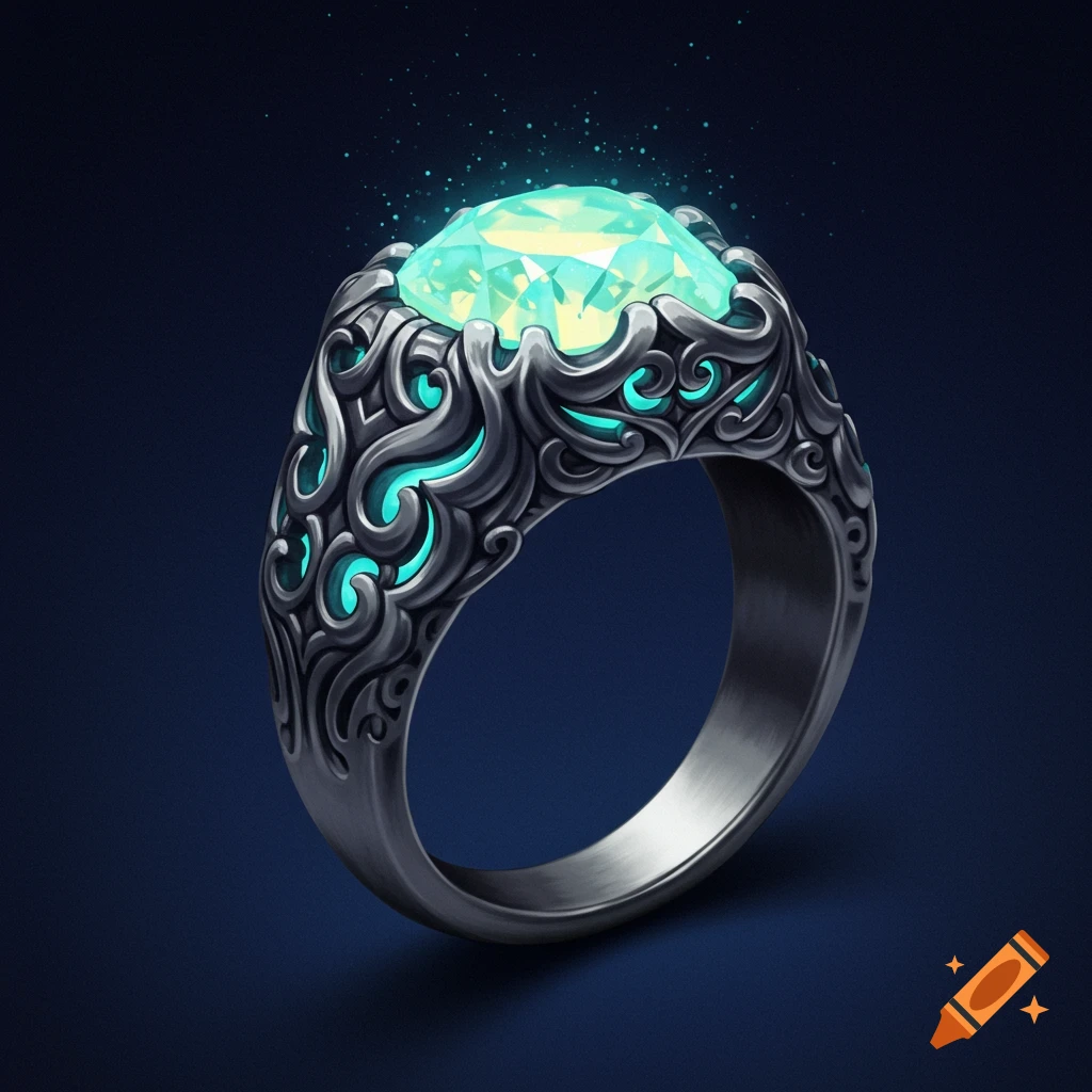 A silver ring with ornate carvings and a glowing green gemstone.