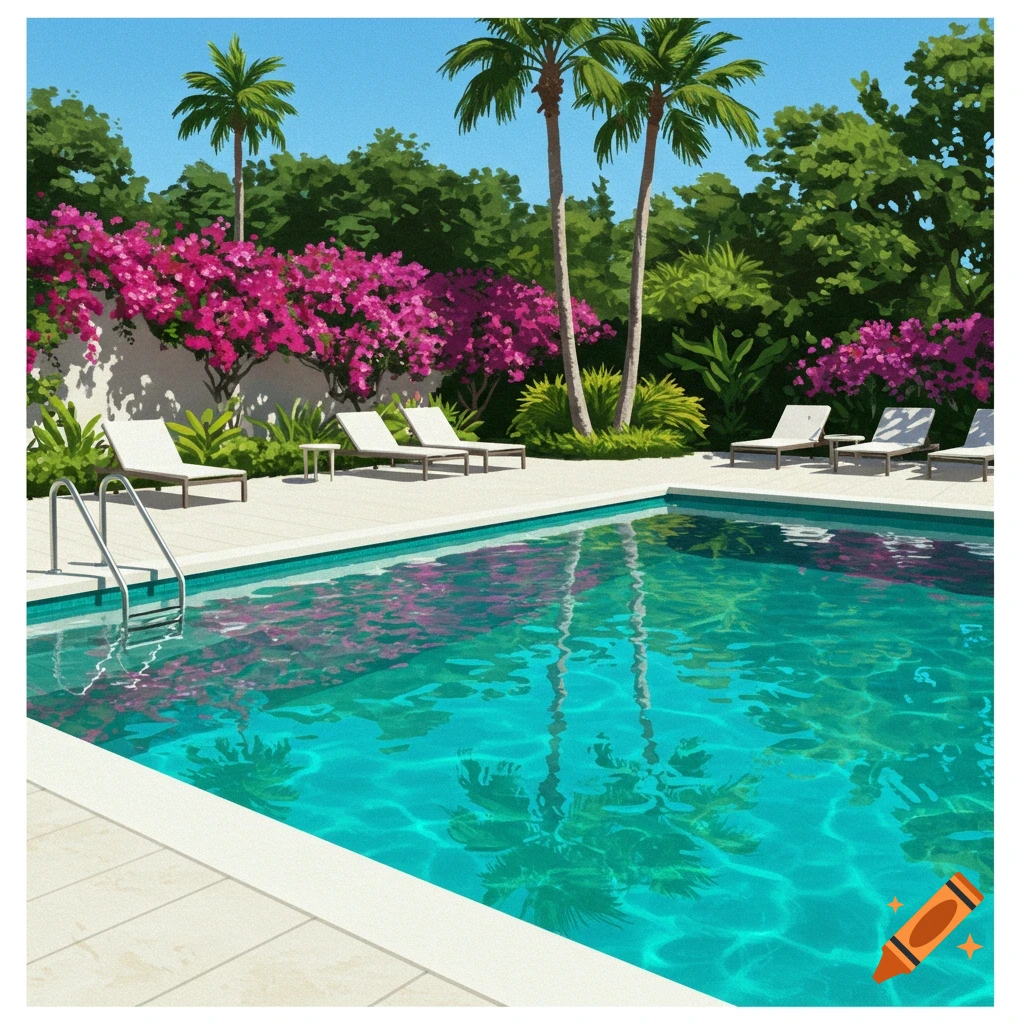 A swimming pool surrounded by palm trees and pink flowers.