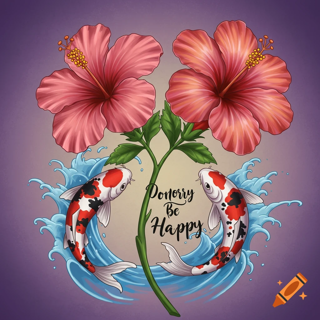 Hibiscus flowers and koi fish tattoo with text 