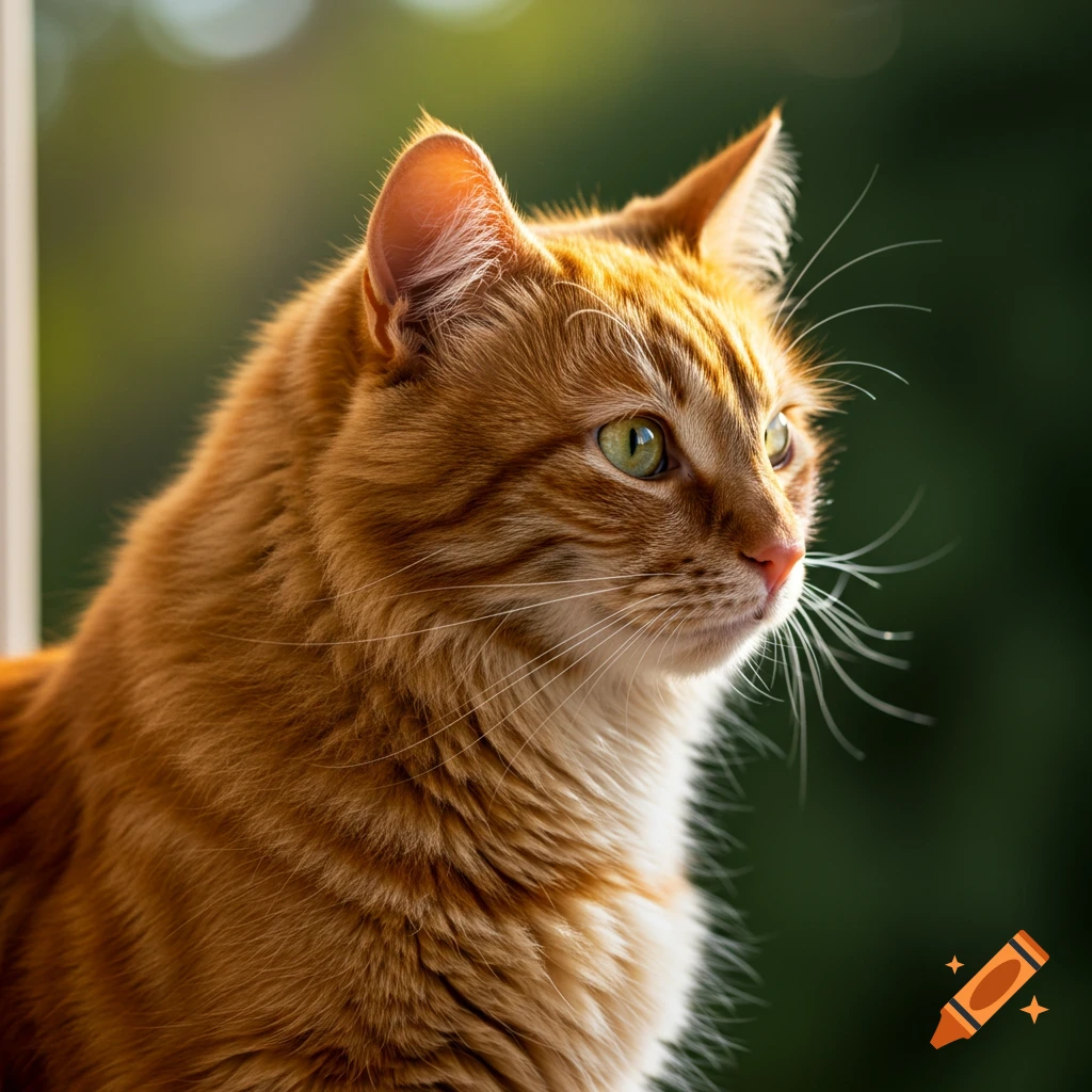 Close-up side profile of an orange tabby cat looking right in sunlight.