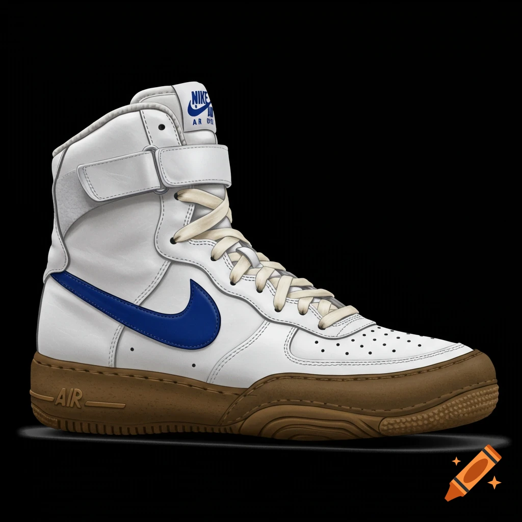 White high-top athletic shoe resembling a Nike Air Force 1 with a blue swoosh and brown sole.