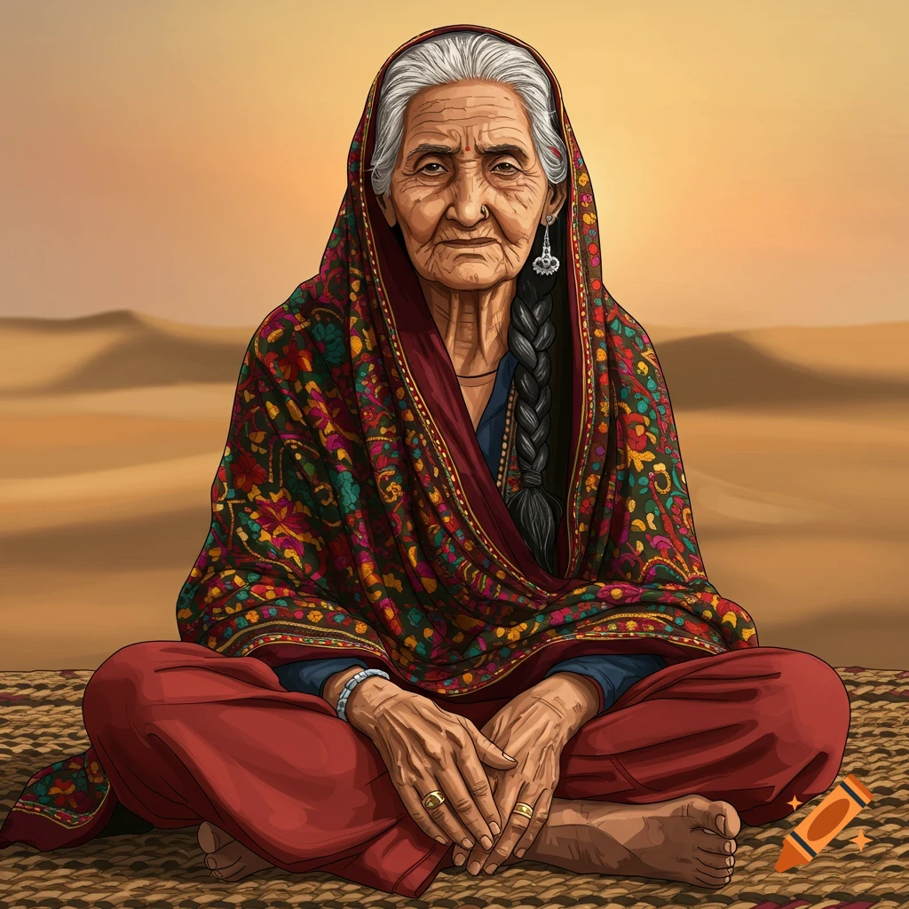 An elderly woman in a colorful shawl sitting cross-legged in a desert.
