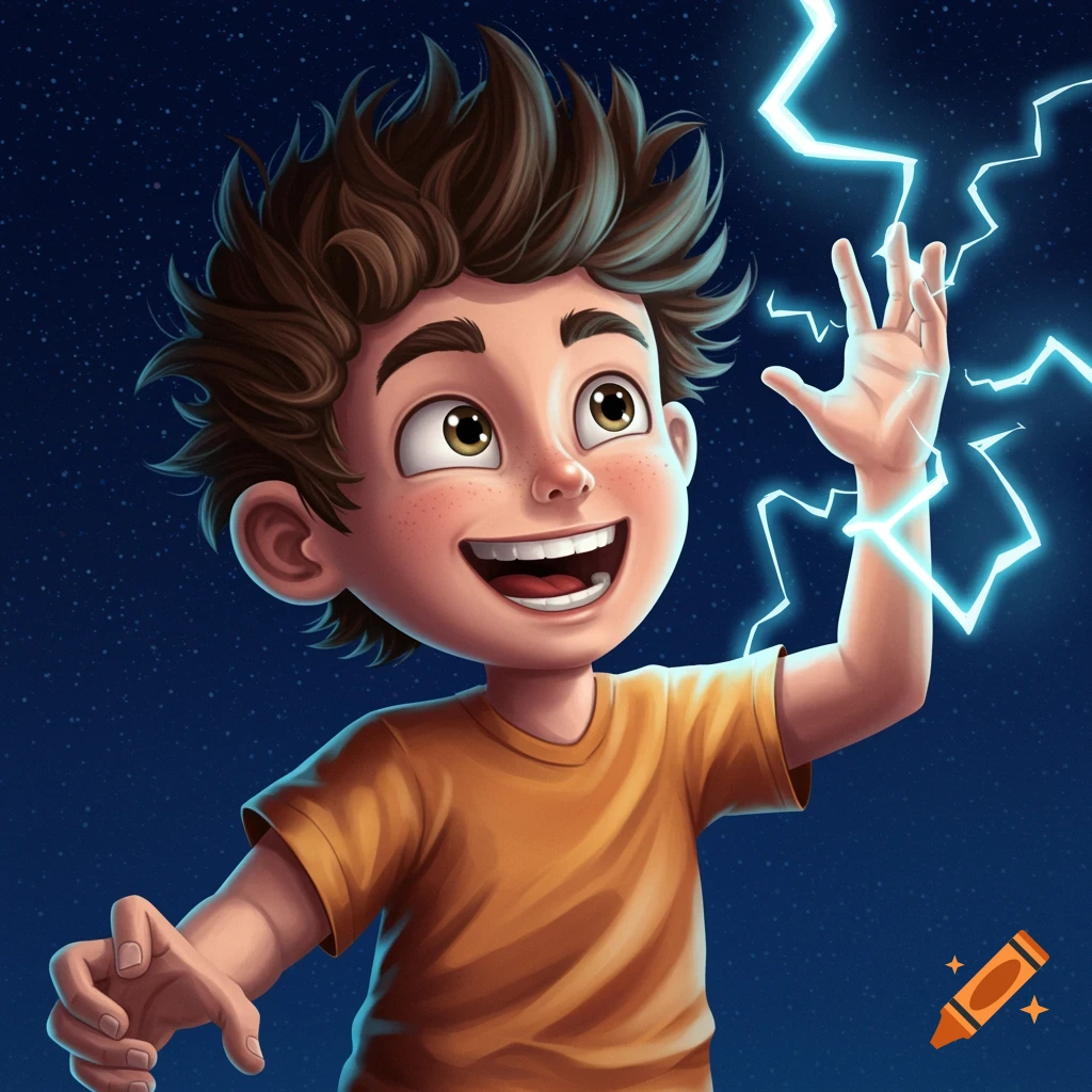 An illustration of a young boy with lightning crackling around his hand against a starry night sky.