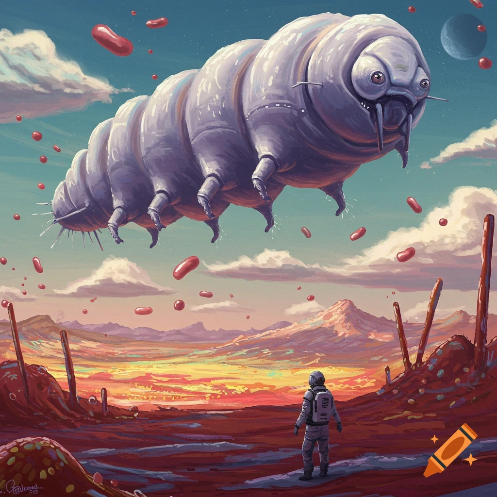 A giant tardigrade spaceship floats over a strange alien landscape with falling red objects as an astronaut watches.