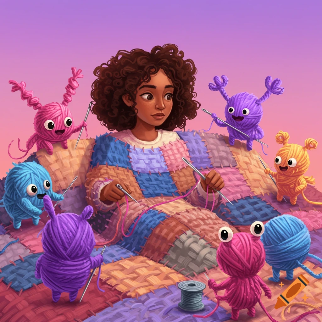 Digital illustration of a woman being knitted into a patchwork blanket by cute yarn creatures.