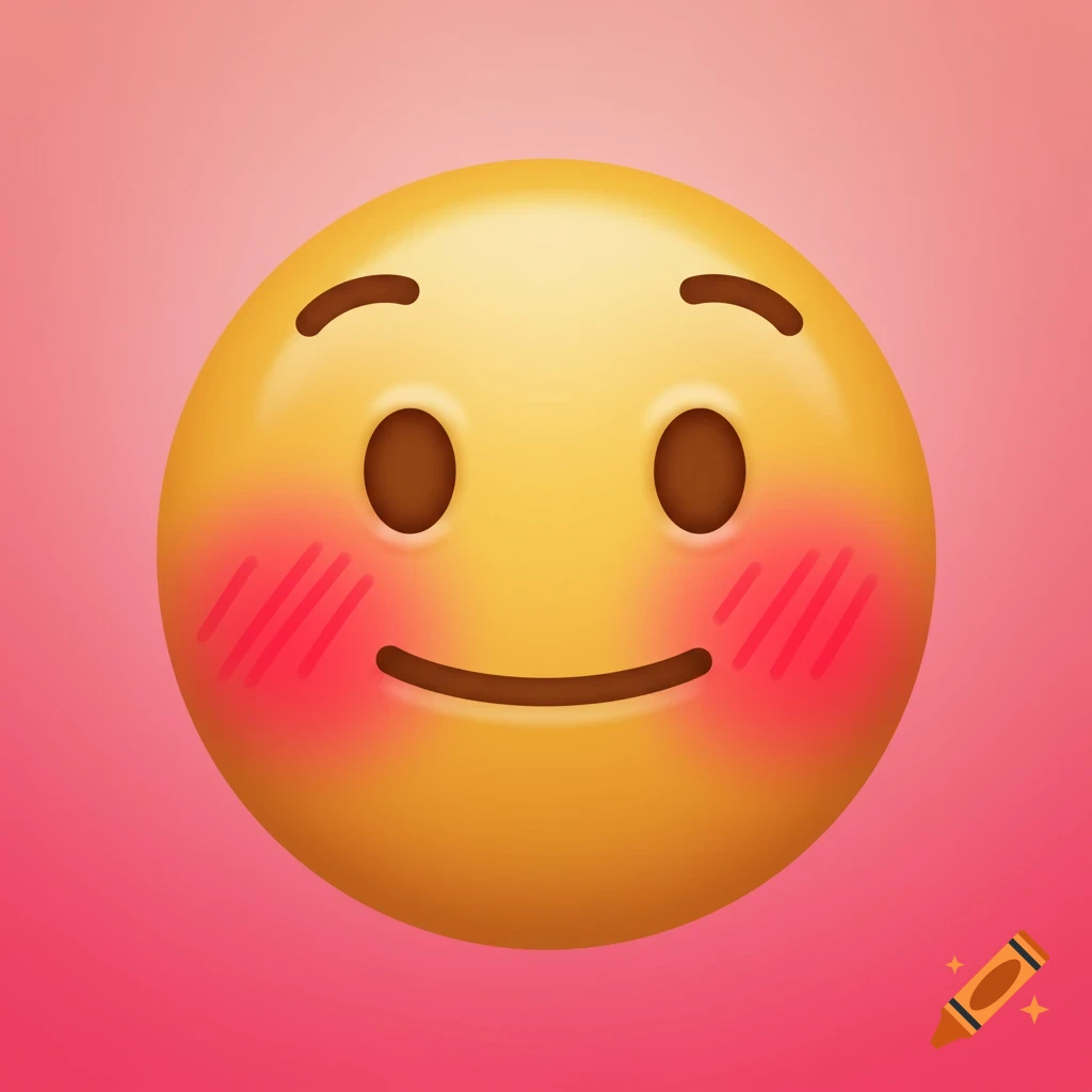 A yellow emoji face with rosy cheeks and a slight smile against a pink background.
