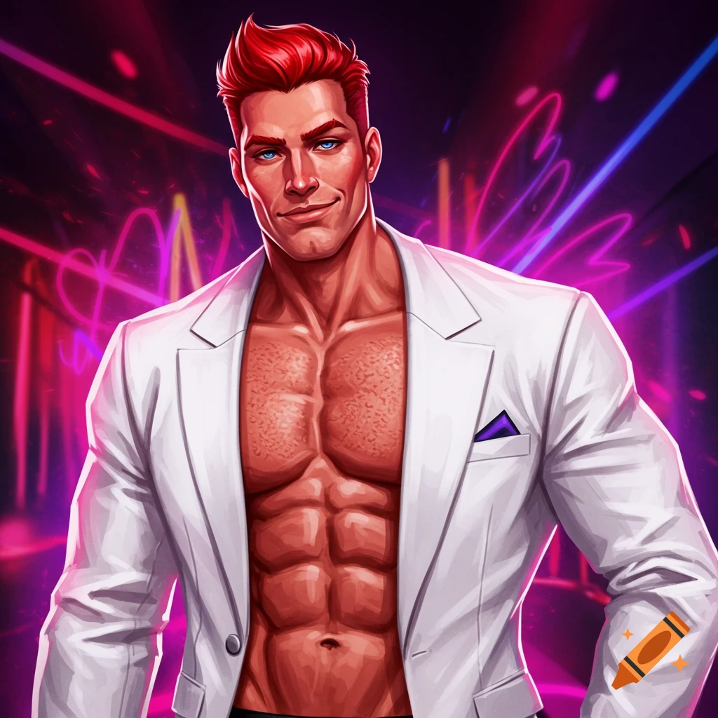 Image of a muscular red-haired man in a white tux jacket against a neon background.