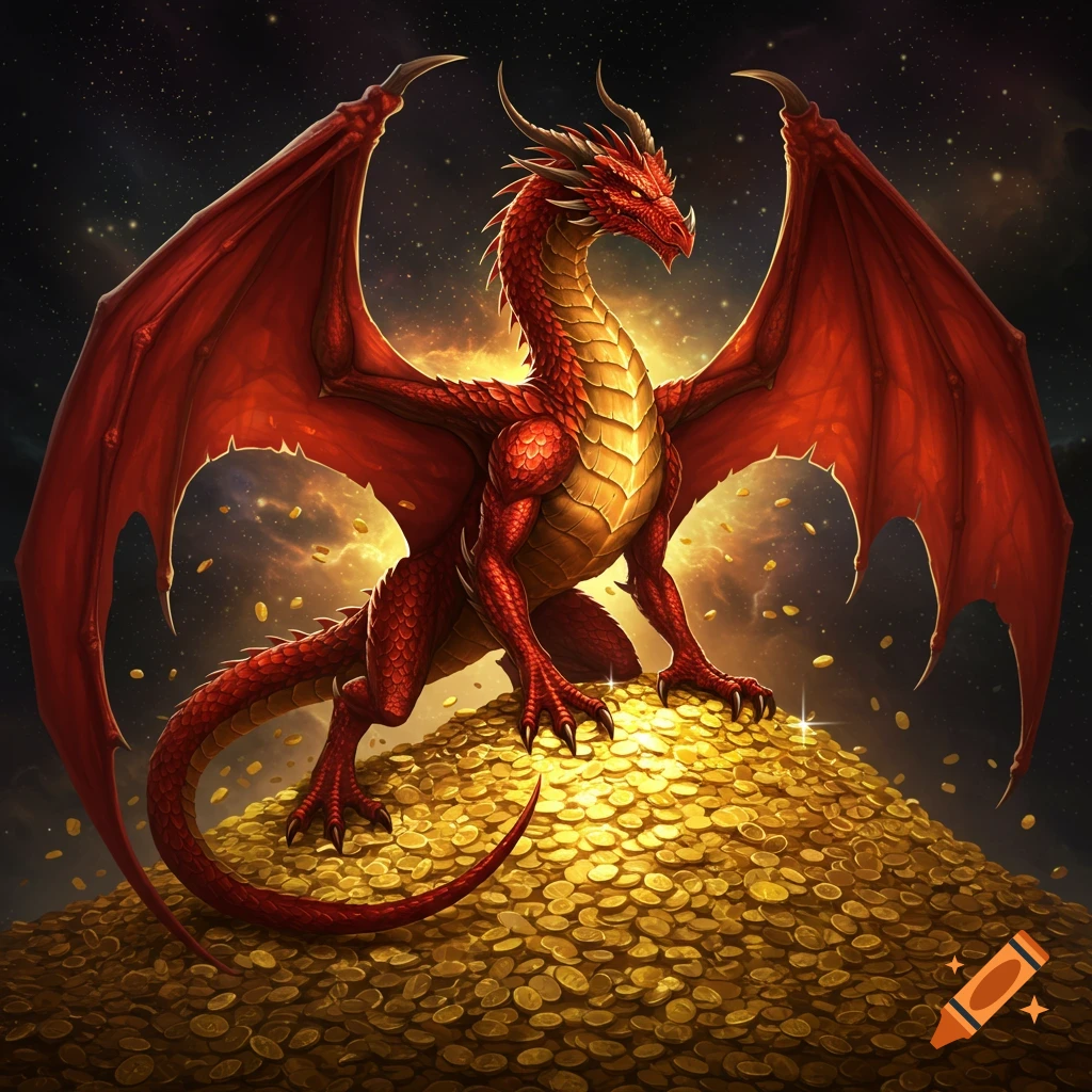 A red dragon sits atop a large pile of gold coins under a starry sky.