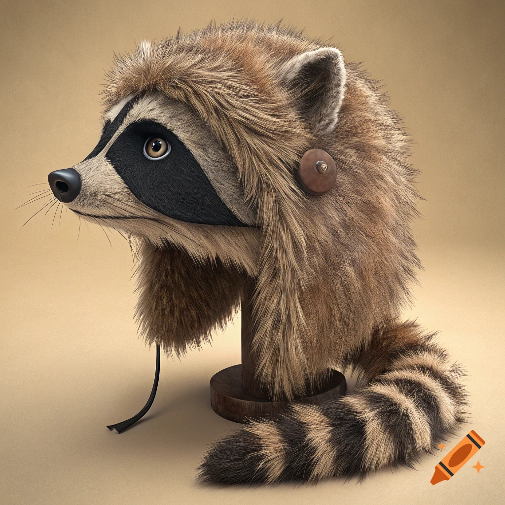 A fuzzy raccoon hat with tail on a wooden stand.