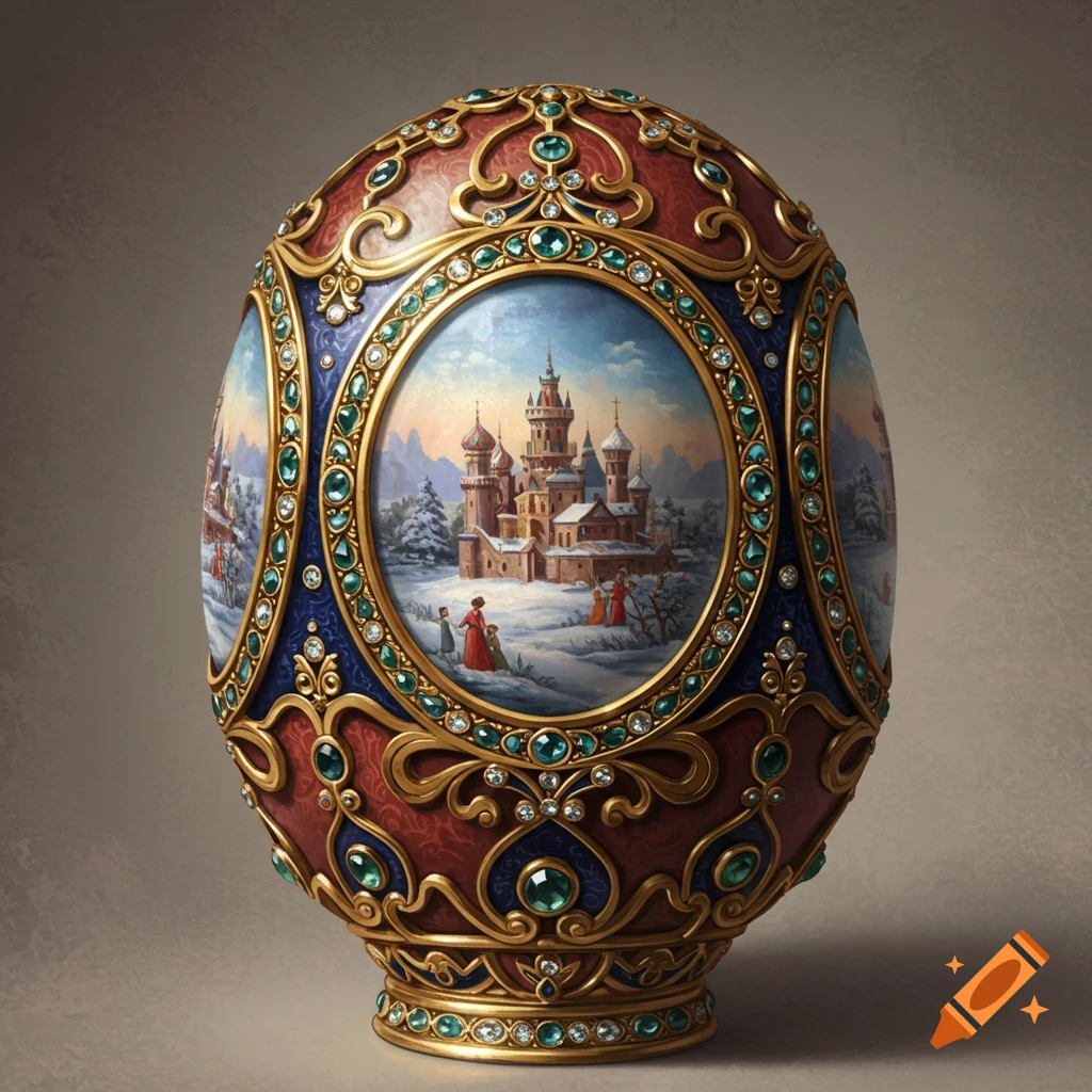 Ornate Faberge-style egg with a painted winter castle scene and jewels.