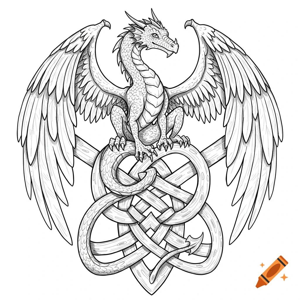 Line drawing of a dragon sitting atop and intertwined with a Celtic knot.