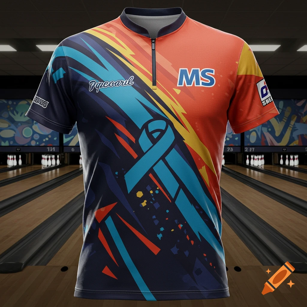 Bowling jersey with abstract design, MS text, and blue ribbon in a bowling alley.