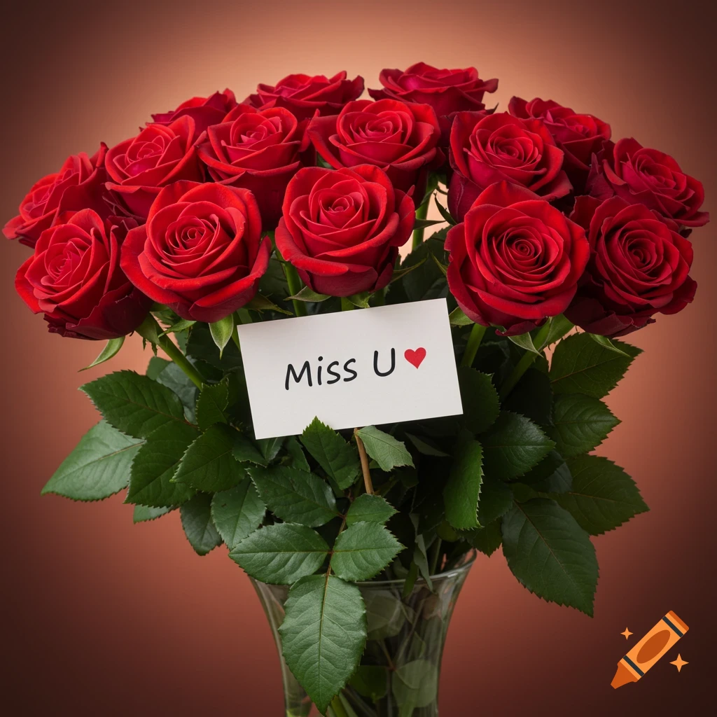 A bouquet of red roses with a card saying Miss U