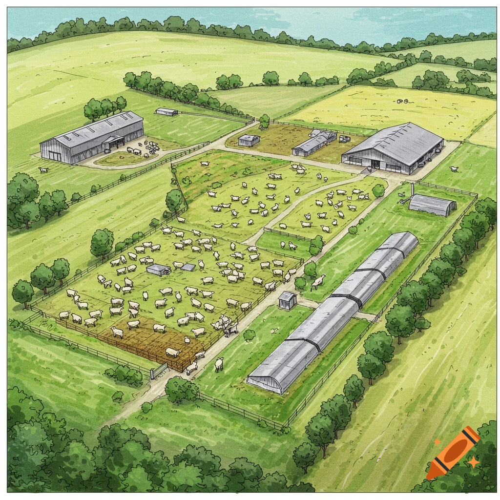 Illustration of a large sheep farm with pastures, barns, and many sheep