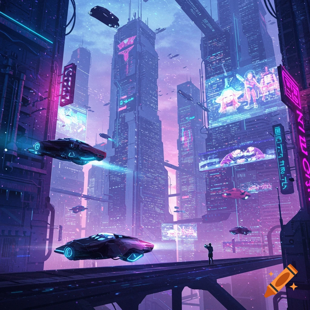 a futuristic cityscape with flying cars and neon signs.