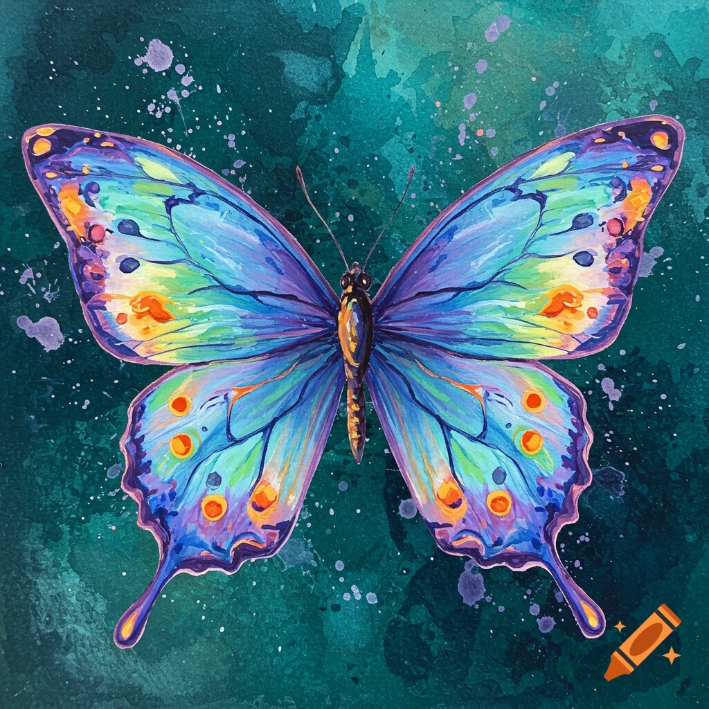 Colorful abstract butterfly painting in gouache style.