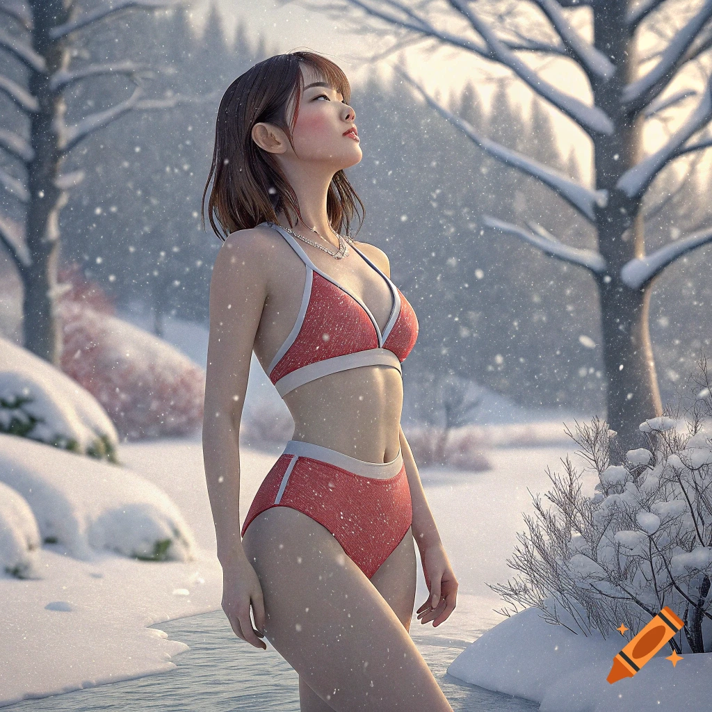 A woman in a red bikini stands in a snowy winter landscape.