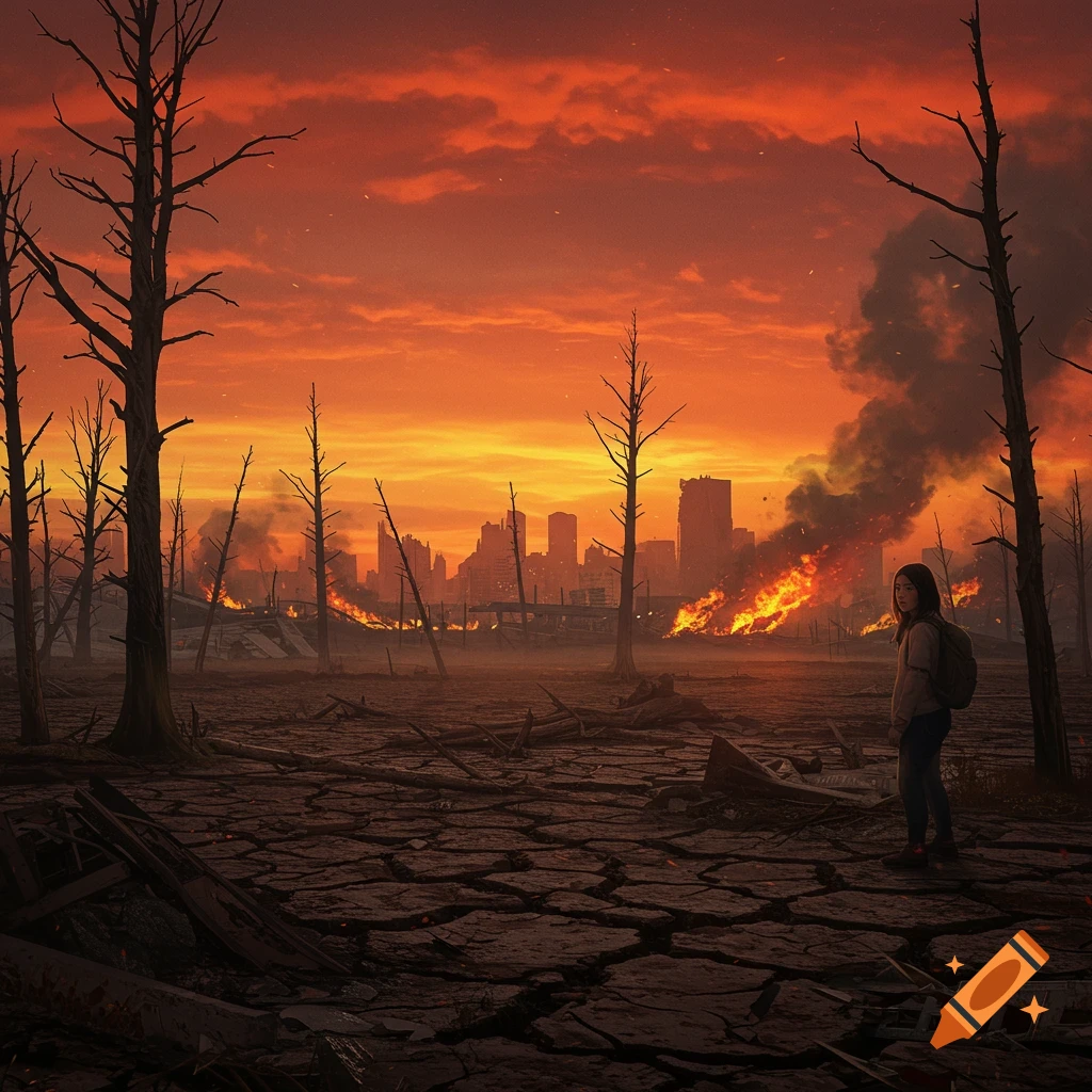 A lone figure stands in a cracked, barren landscape before a burning city under an orange sky, depicting climate change.