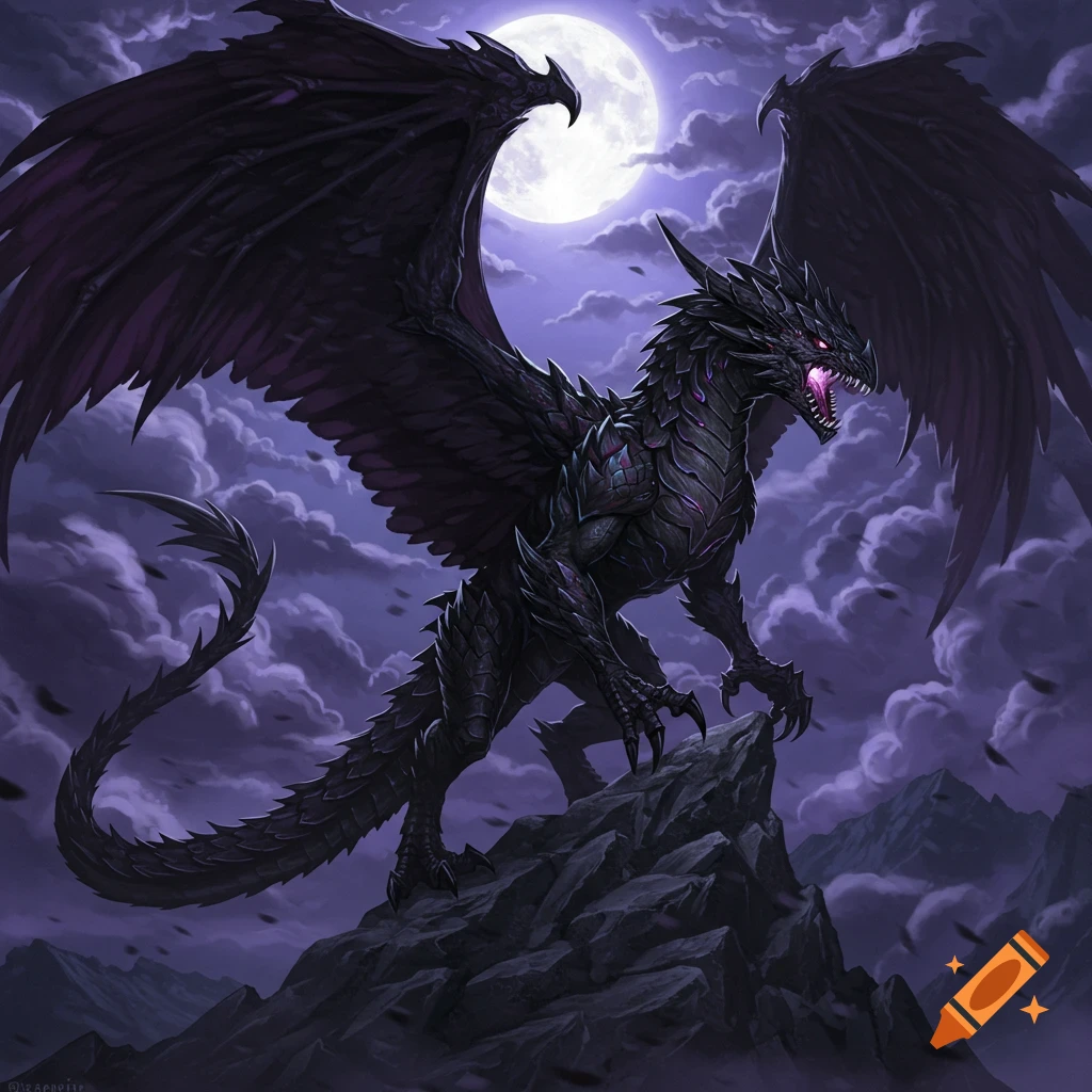 A black dragon with purple glowing eyes stands on rocks under a full moon against a cloudy purple sky.