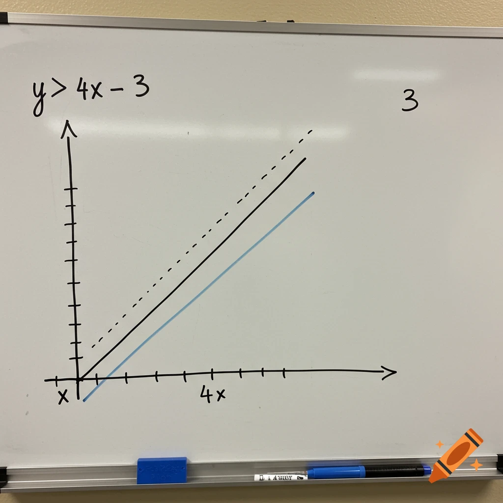 Photo of a whiteboard with the inequality y > 4x - 3 graphed.
