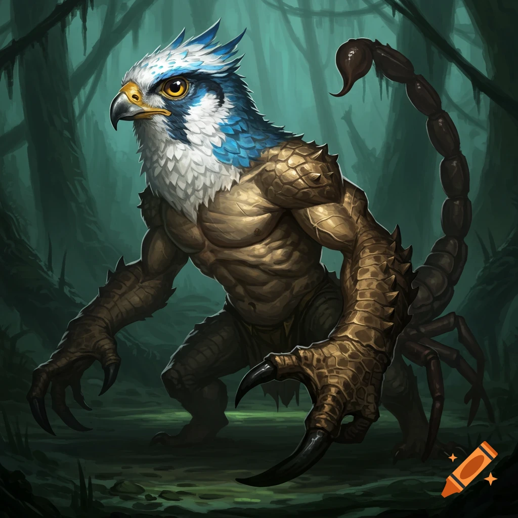 A fantasy creature with a falcon head, muscular scaled body, and scorpion tail stands in a dark forest.