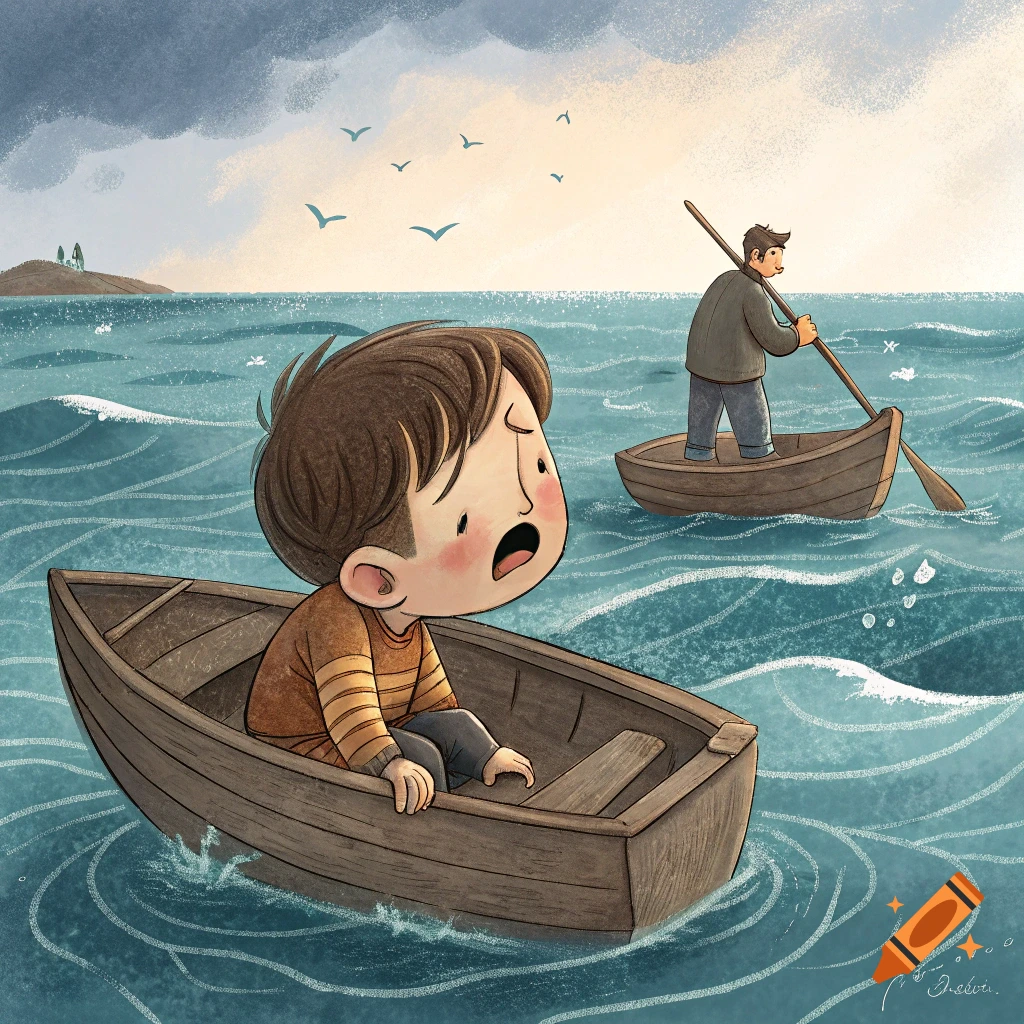 Illustration of a scared boy in a boat on the sea, with a man in another boat approaching.