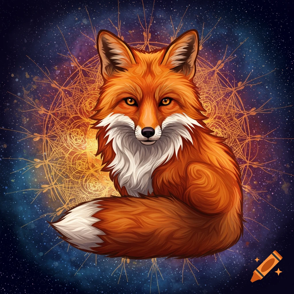 A fox sits in front of an orange radial design against a cosmic background.