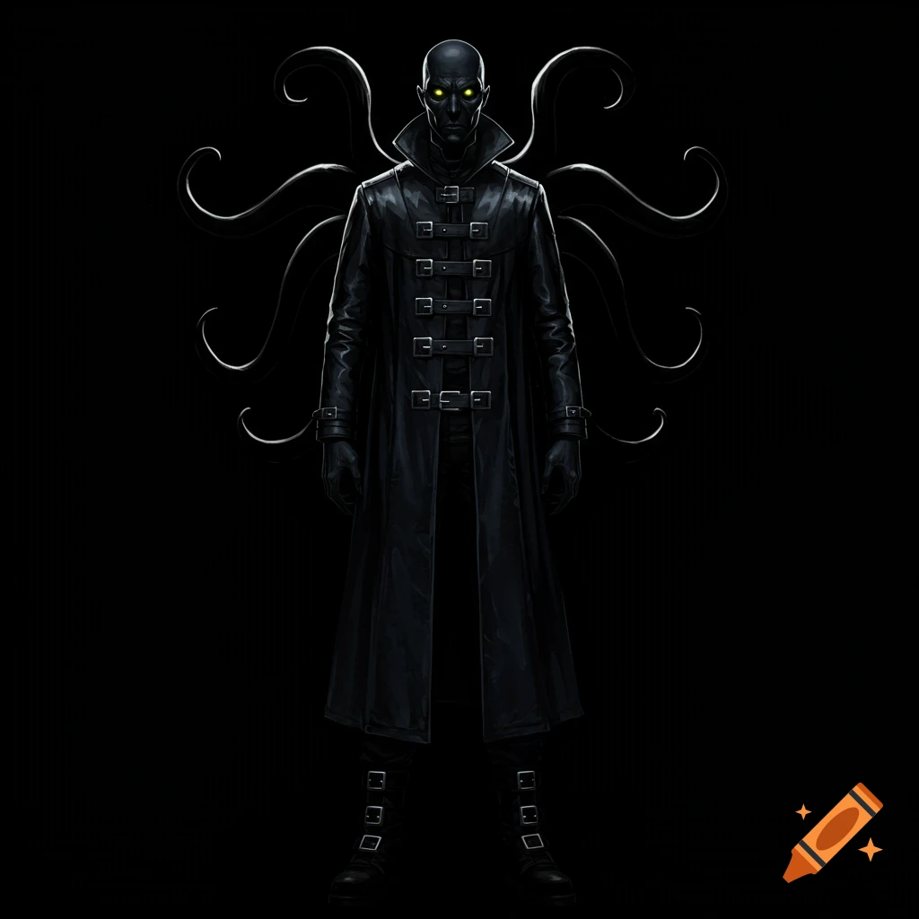 A dark figure in a long coat with glowing eyes and tendrils on its back stands against a black background.