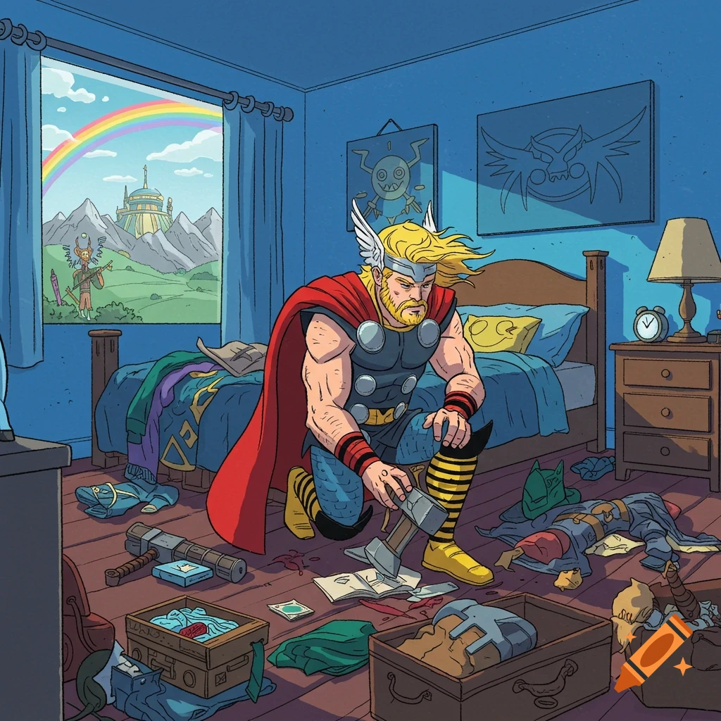 Cartoon illustration of Thor kneeling in his messy bedroom, looking through scattered items on the floor.