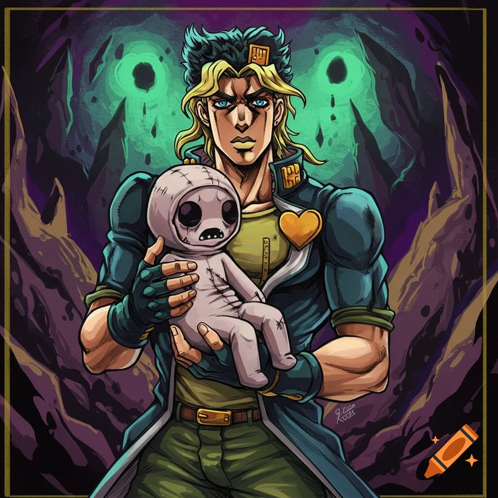 A JoJo character holds an Isaac doll against a dark, glowing background.