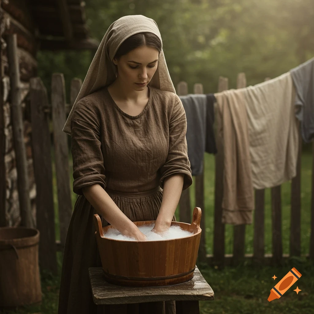 A peasant woman washes clothes in a wooden tub outdoors, with laundry drying on a line in the background.