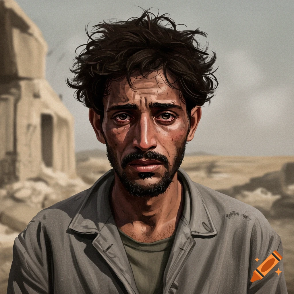 A sad man with messy hair and beard is shown, with a ruined building in the background.