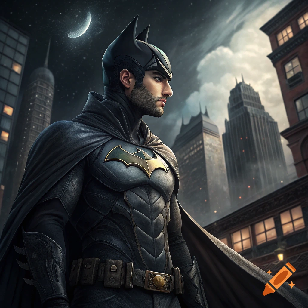 Batman-like figure standing on a rooftop in a city at night