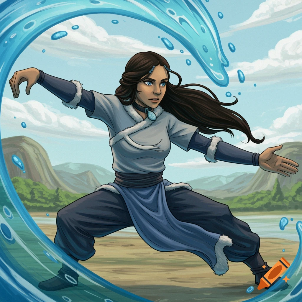 Katara waterbending in a dynamic pose in a serene landscape.