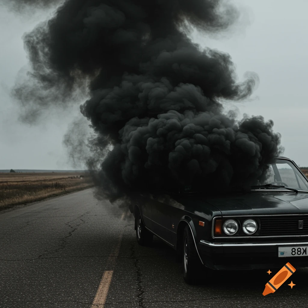 Black car billowing thick black smoke on a desolate road under a cloudy sky.