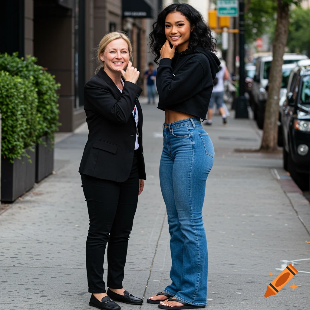 Two women, one tall in jeans and a cropped hoodie, the other in a business suit, standing on a city sidewalk.