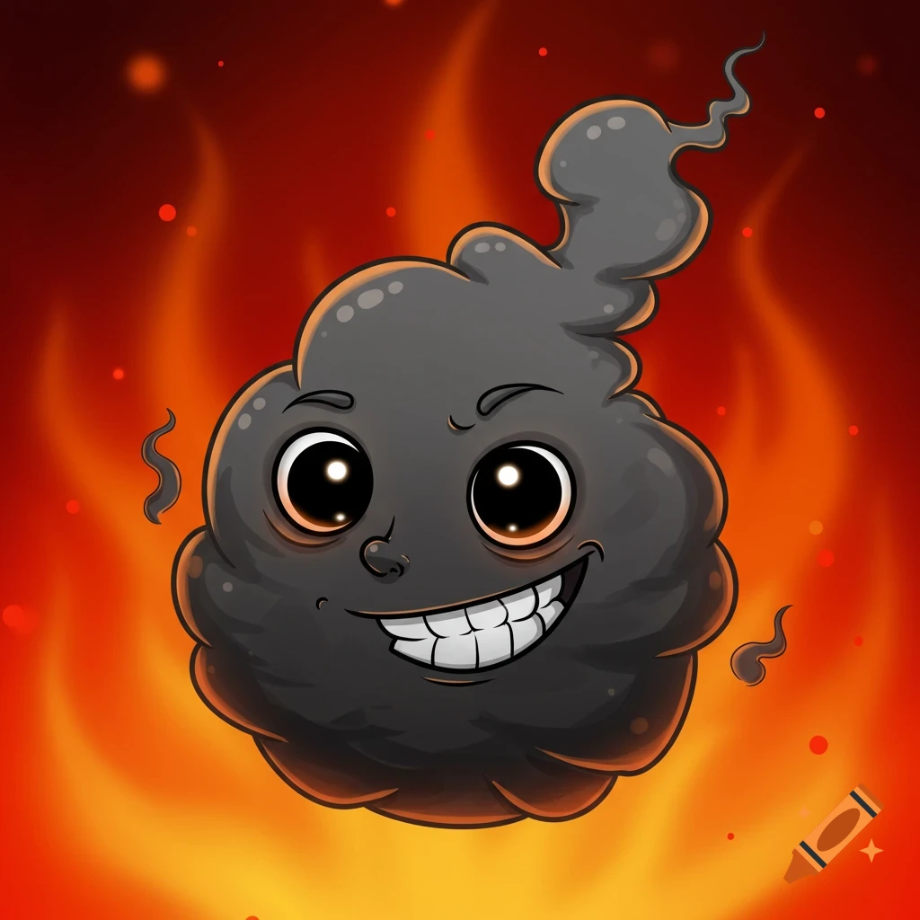 A cartoon character made of dark smoke, smiling with large eyes, set against a background of bright flames.