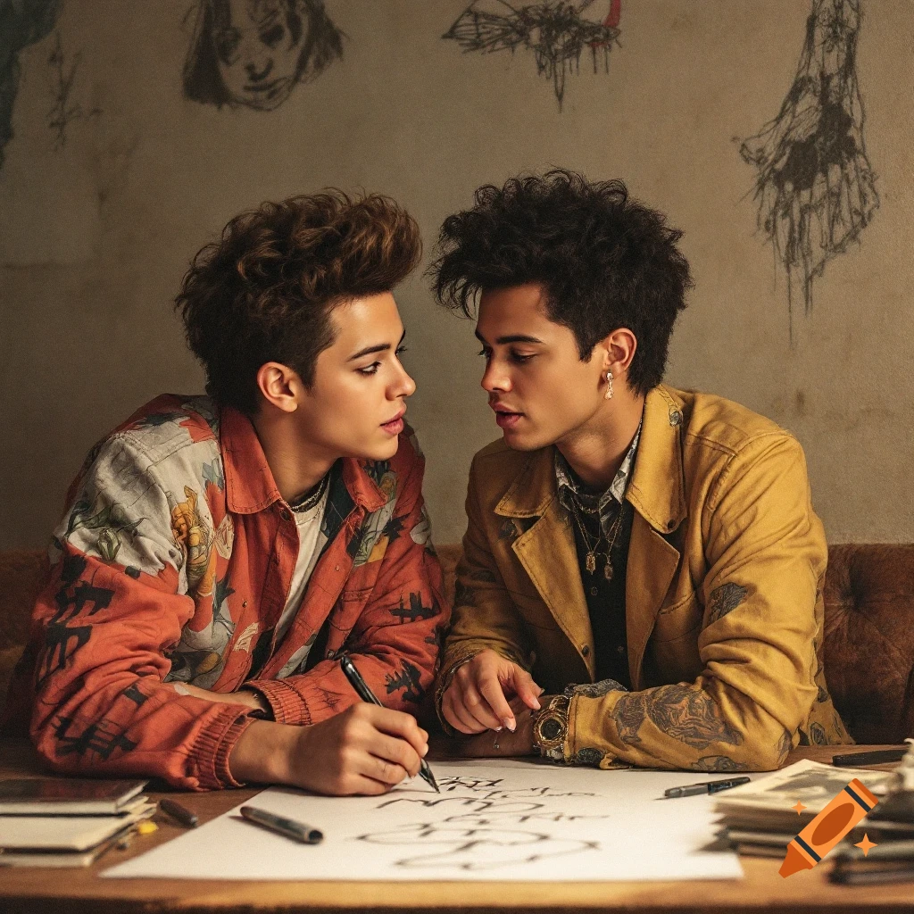 Two young men sitting at a table with paper and pens, looking at each other. Background has art on the wall.