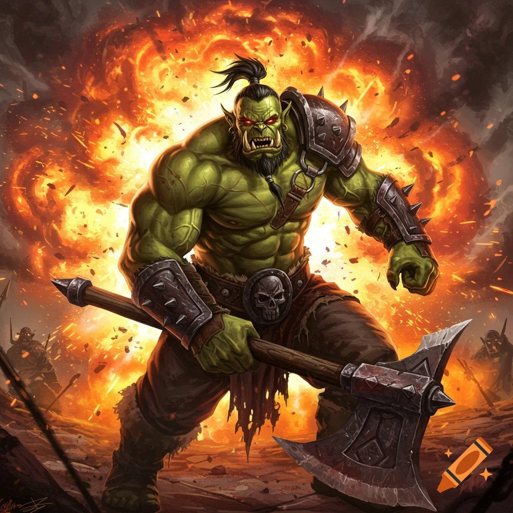 Muscular green orc with an axe stands before explosions and figures.
