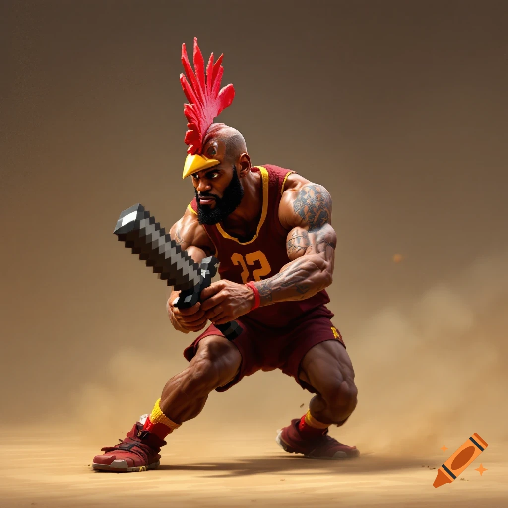 Muscular man with chicken head comb in basketball jersey holding pixelated sword in fighting pose