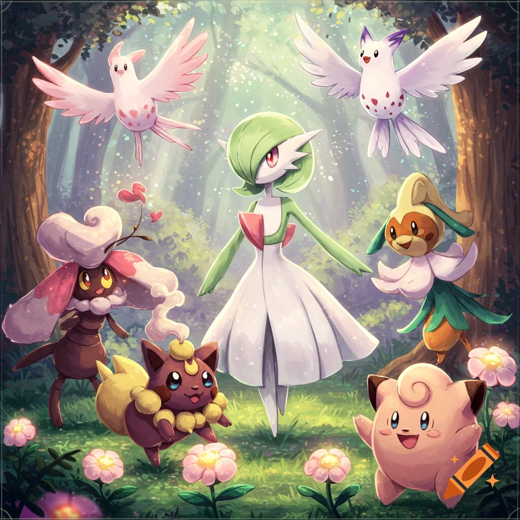 Several Fairy-type Pokemon in a forest clearing