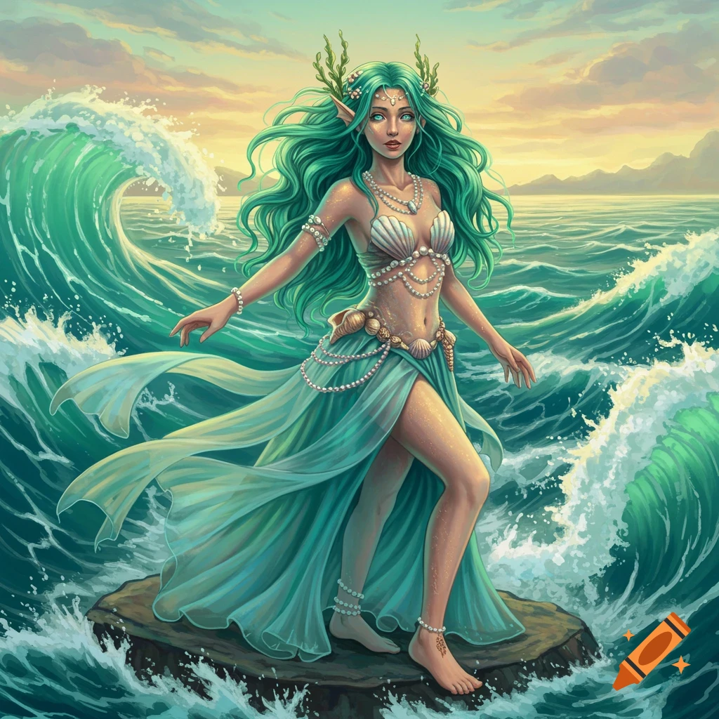 A fantasy woman with green hair is sitting on a rock in the ocean.